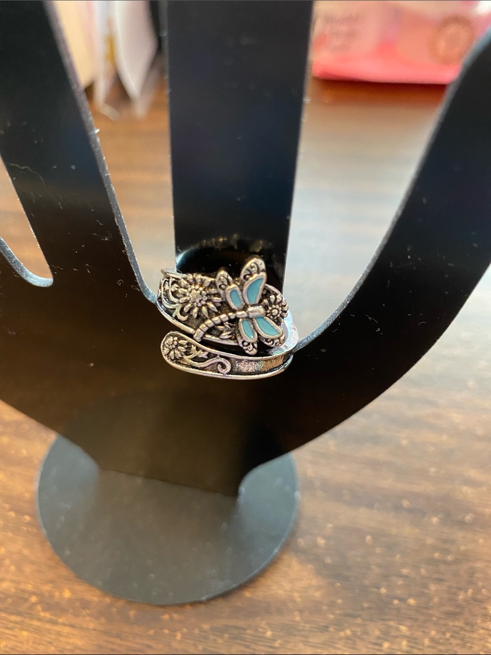 New Silver Floral Dragonfly Wrap Ring with Faux Turquoise Enamel